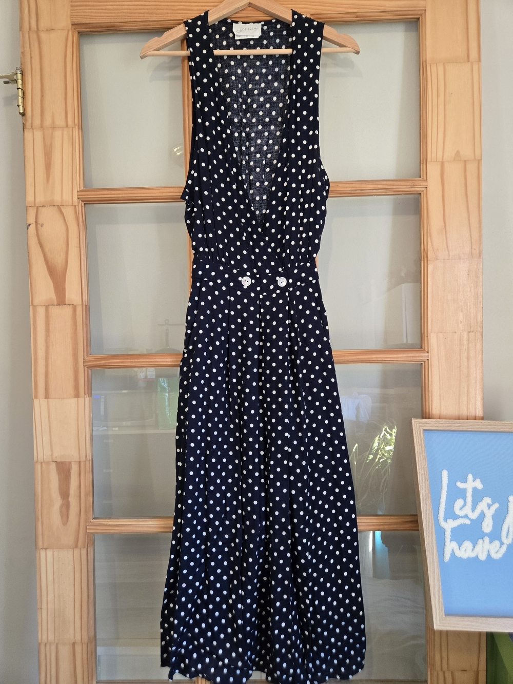 Pinafore Jumper Navy Polka Dot Midi Dress With Pockets 1990s Vintage Size 10